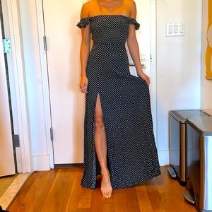 Navy polka dot off shoulder maxi dress